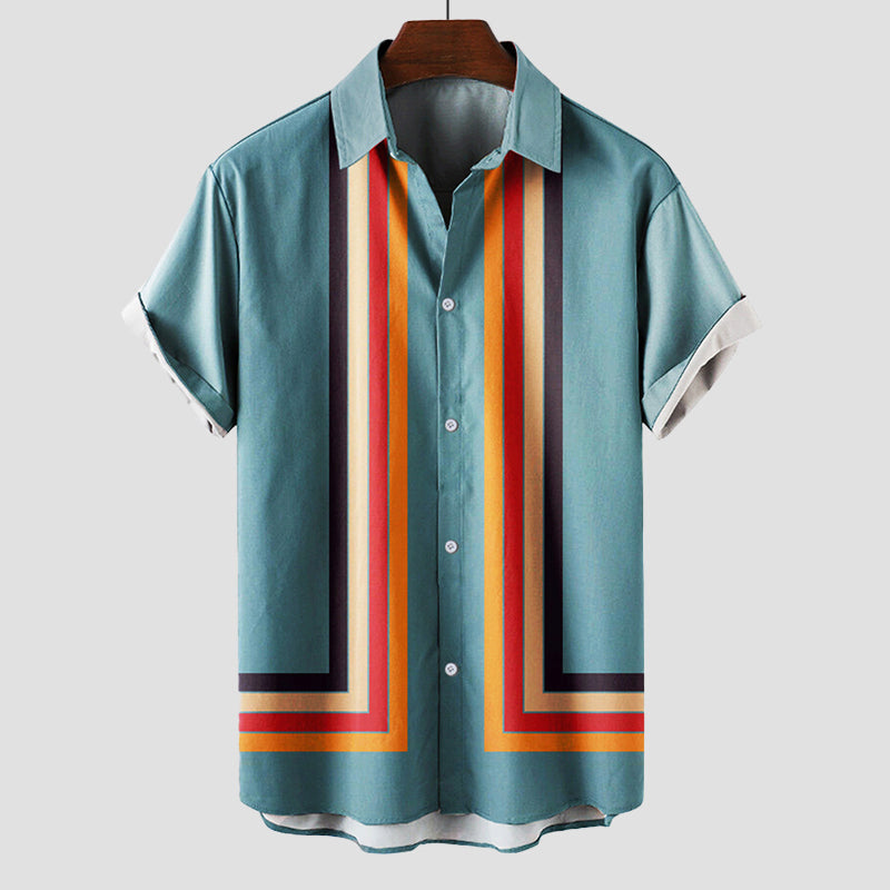 Heren Shirt Korte Mouw met Retro Strepenprint en Klassieke Kraag Blauw