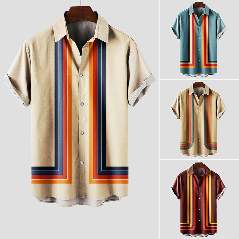 Heren Shirt Korte Mouw met Retro Strepenprint en Klassieke Kraag
