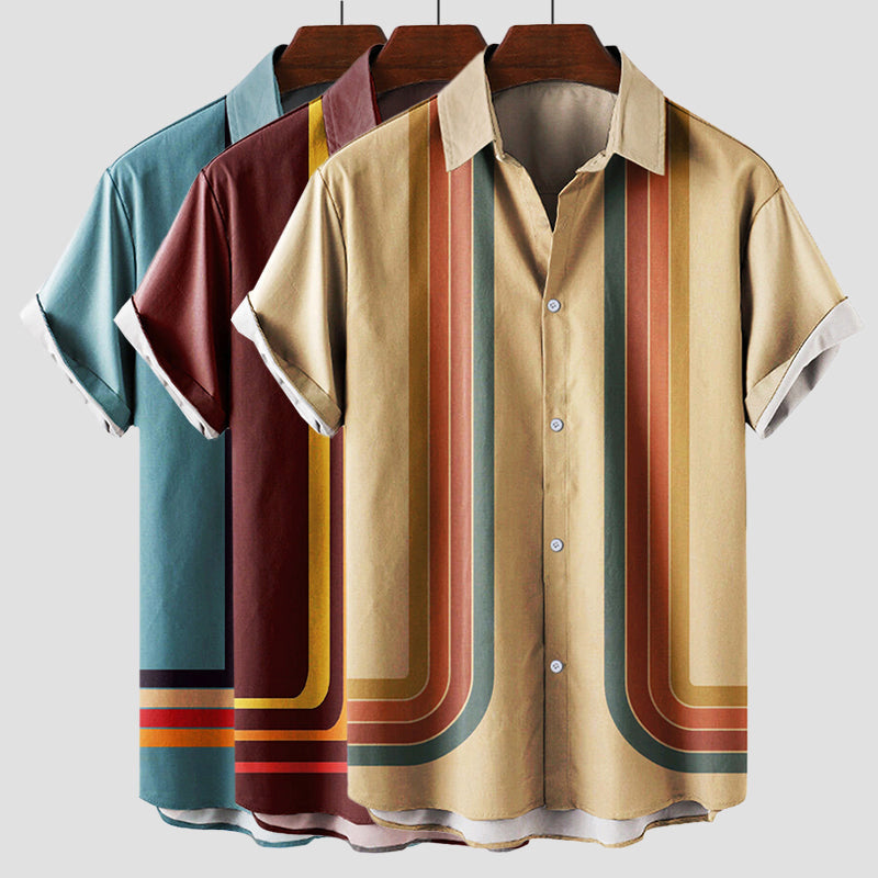 Heren Shirt Korte Mouw met Retro Strepenprint en Klassieke Kraag