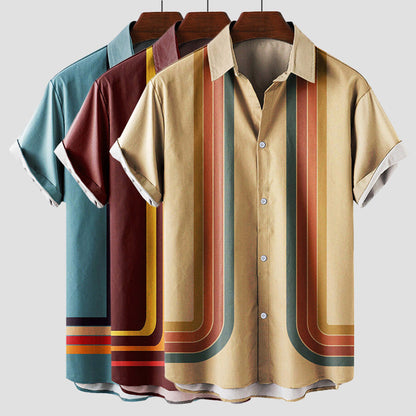 Heren Shirt Korte Mouw met Retro Strepenprint en Klassieke Kraag