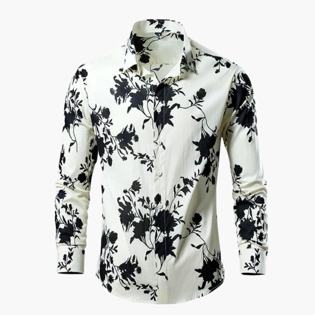 Heren Shirt Lange Mouw met Botanische Print en Klassieke Kraag Wit
