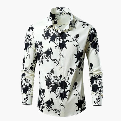 Heren Shirt Lange Mouw met Botanische Print en Klassieke Kraag Wit