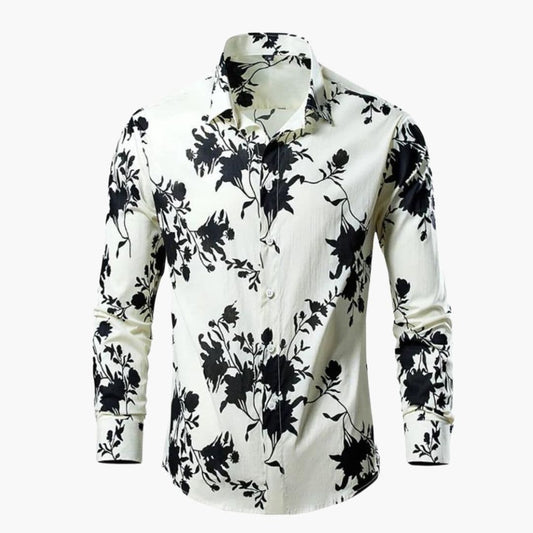 Heren Shirt Lange Mouw met Botanische Print en Klassieke Kraag Wit