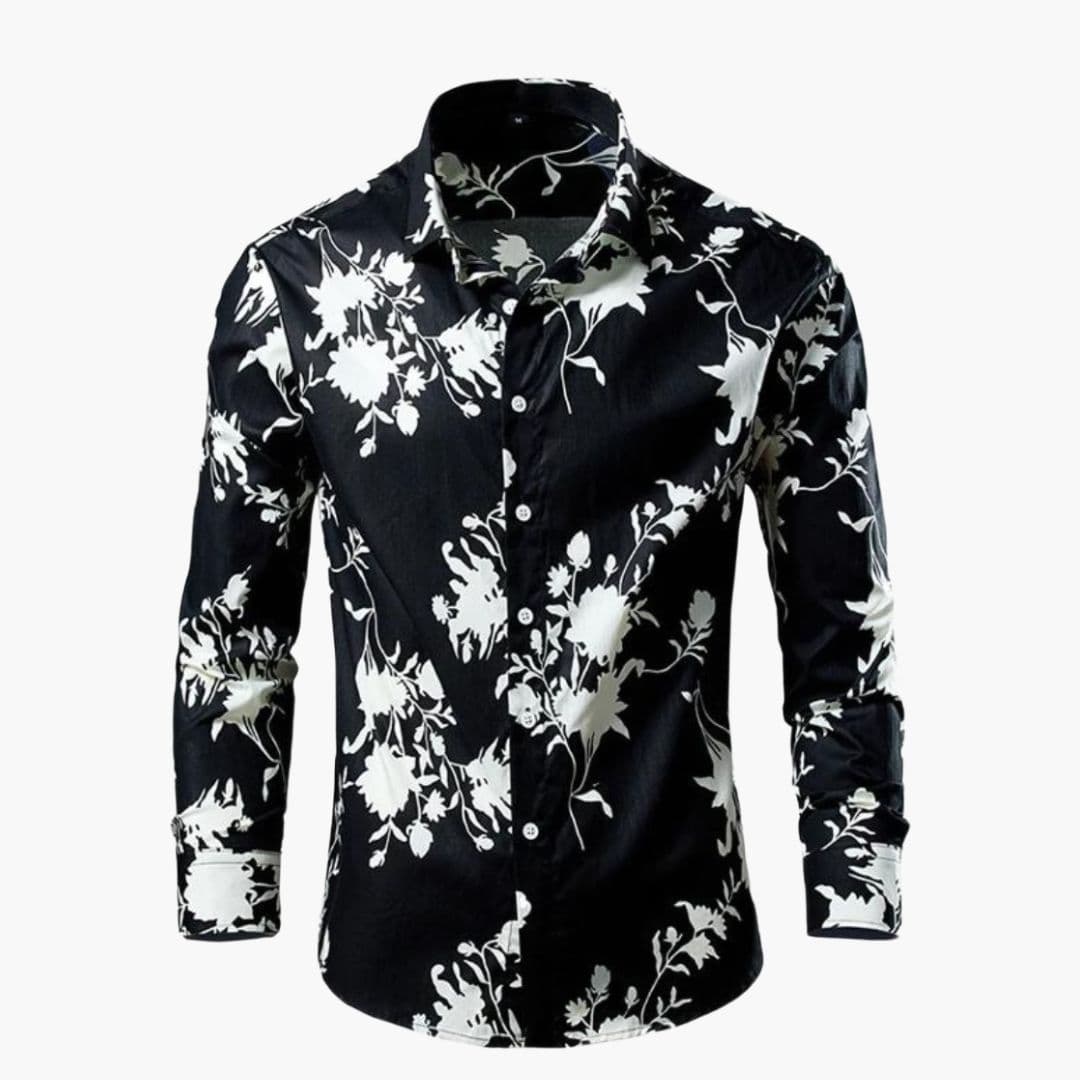 Heren Shirt Lange Mouw met Botanische Print en Klassieke Kraag Zwart