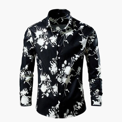 Heren Shirt Lange Mouw met Botanische Print en Klassieke Kraag Zwart