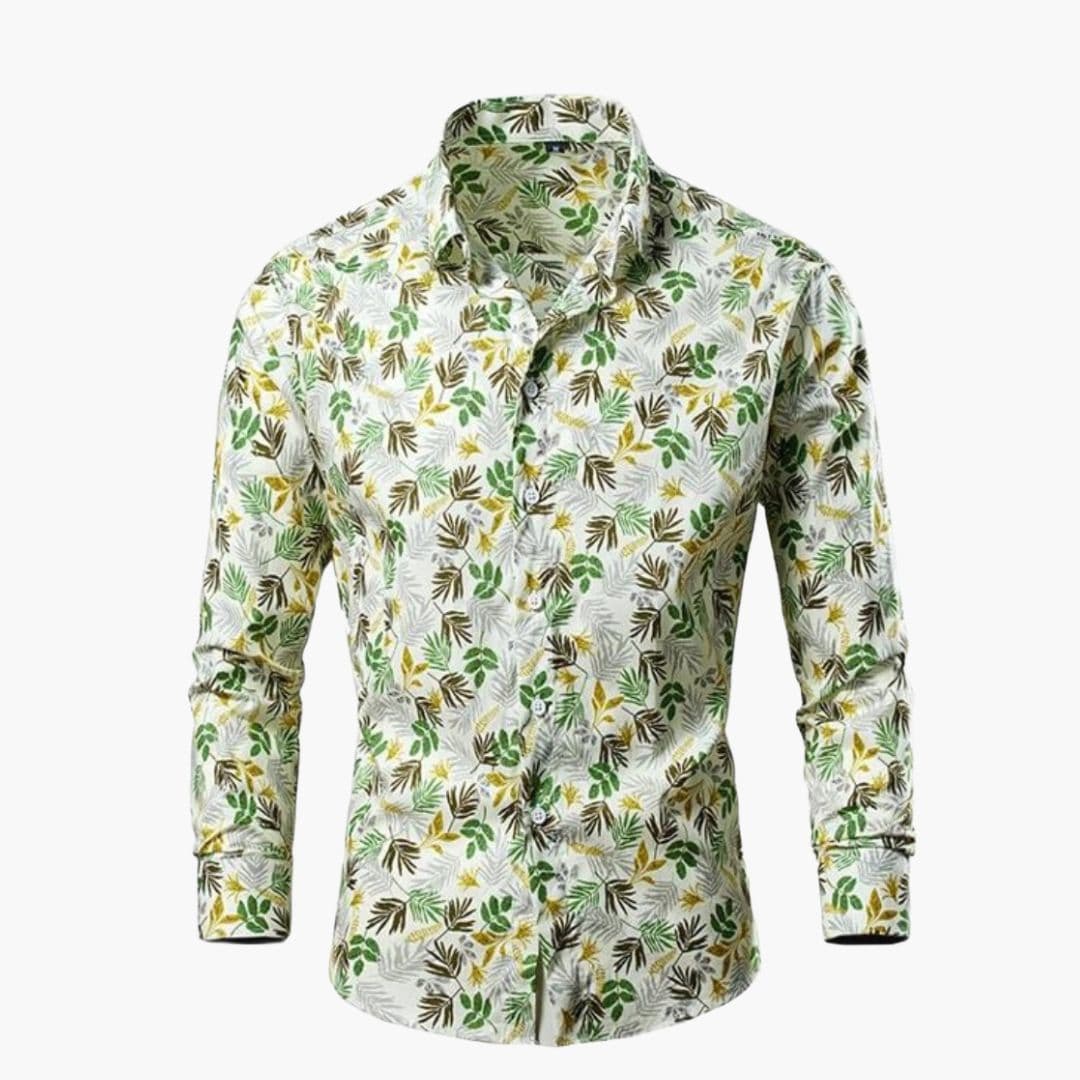 Heren Shirt Lange Mouw met Botanische Print en Klassieke Kraag Wit Groen