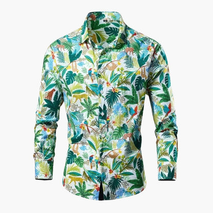 Heren Shirt Lange Mouw met Botanische Print en Klassieke Kraag Lichtgroen