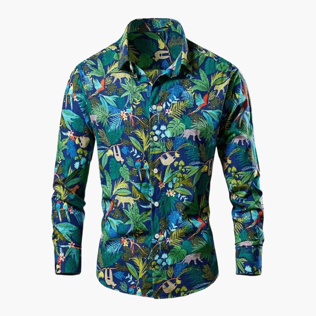 Heren Shirt Lange Mouw met Botanische Print en Klassieke Kraag Blauw Groen