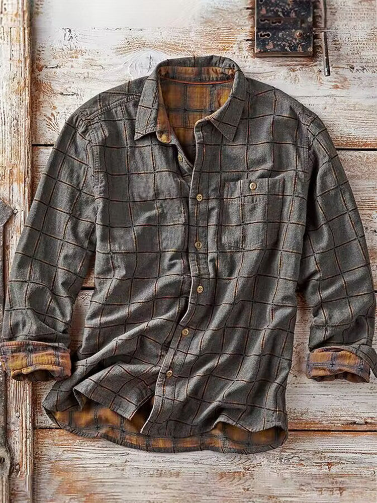 Heren Shirt Lange Mouw met Geruite Print en Borstzak Grijs