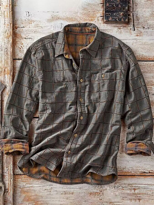 Heren Shirt Lange Mouw met Geruite Print en Borstzak Grijs