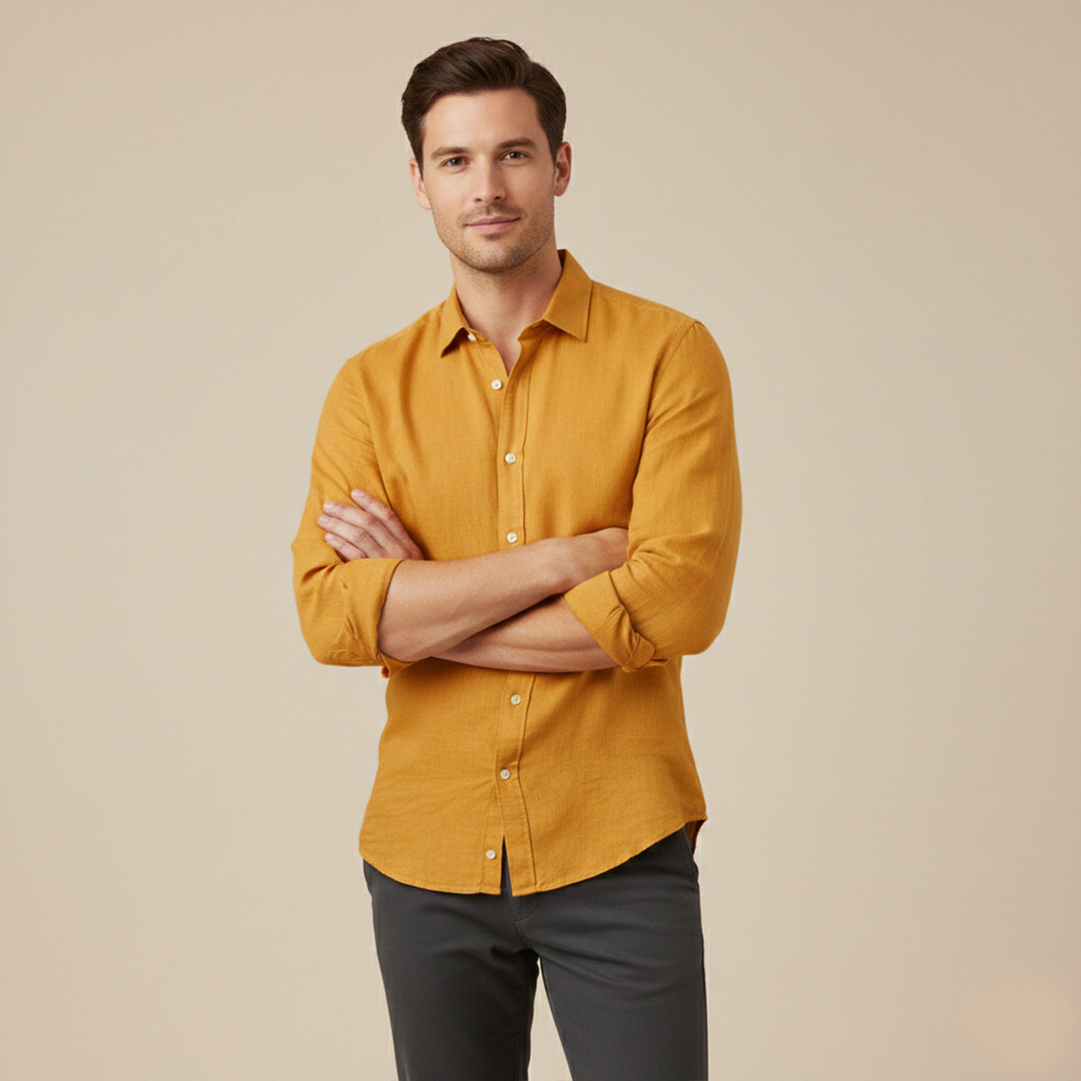 Heren Shirt Lange Mouw met Klassieke Kraag en Knoopsluiting Geel