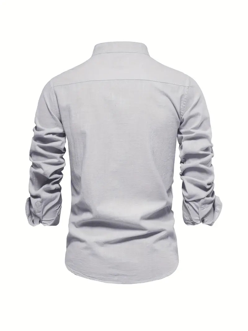 Heren Shirt Lange Mouw met Opstaande Kraag en Knoopsluiting