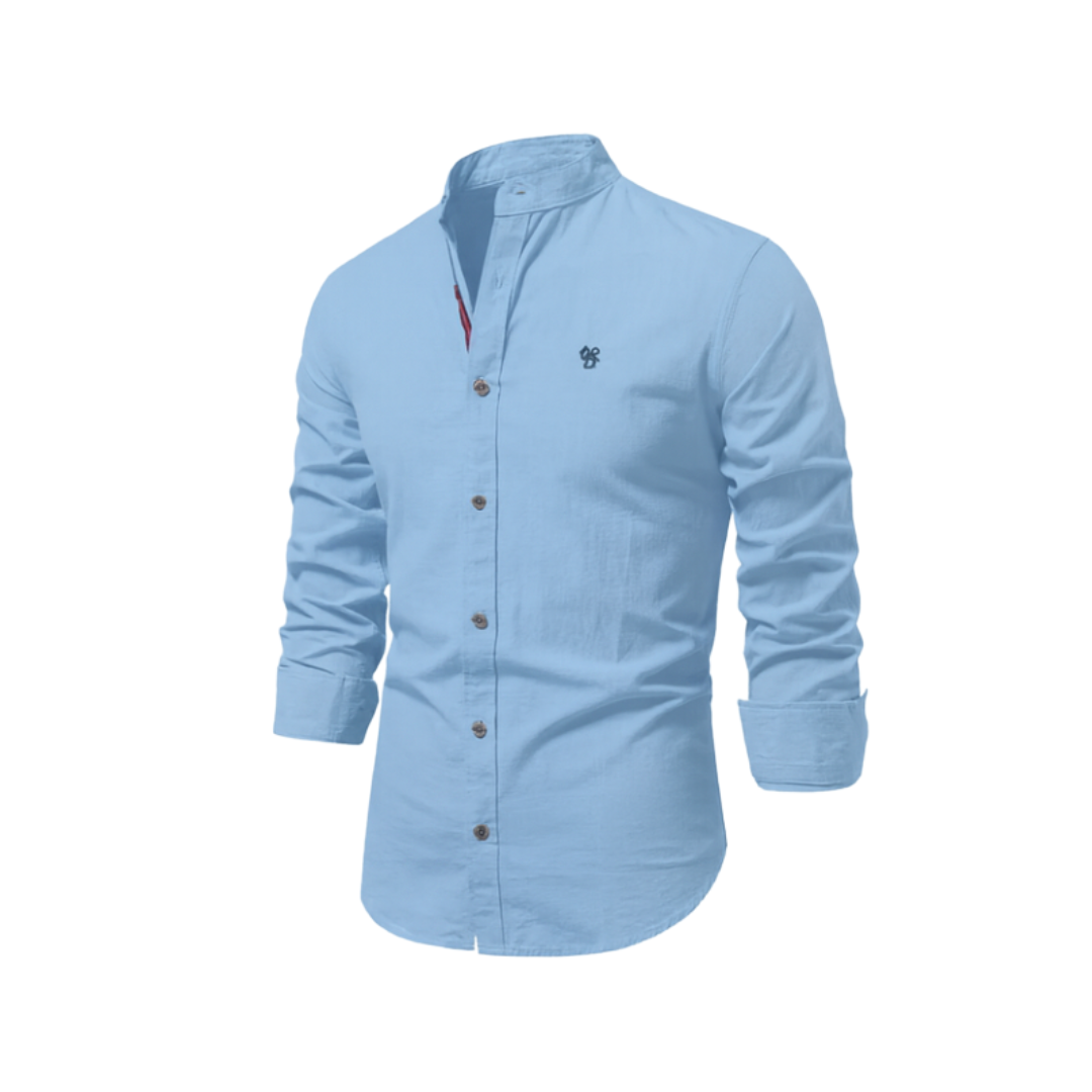 Heren Shirt Lange Mouw met Opstaande Kraag en Knoopsluiting Lichtblauw