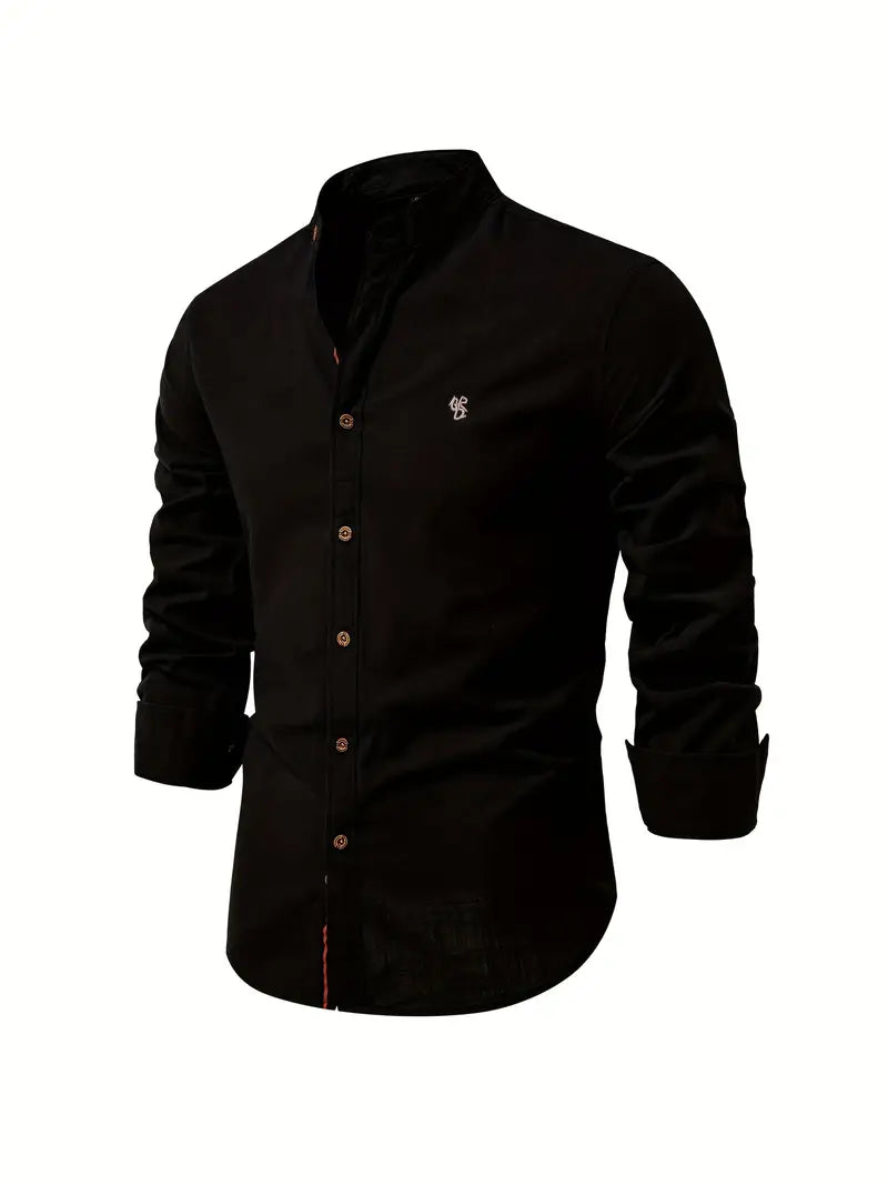 Heren Shirt Lange Mouw met Opstaande Kraag en Knoopsluiting Zwart