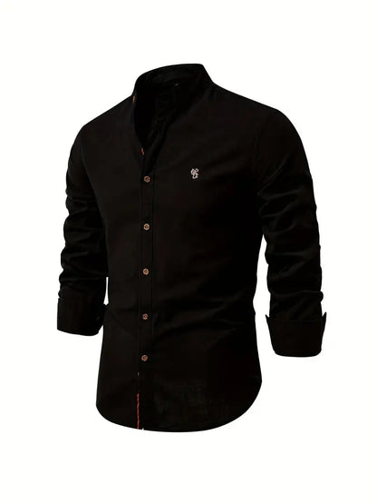 Heren Shirt Lange Mouw met Opstaande Kraag en Knoopsluiting Zwart