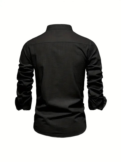 Heren Shirt Lange Mouw met Opstaande Kraag en Knoopsluiting