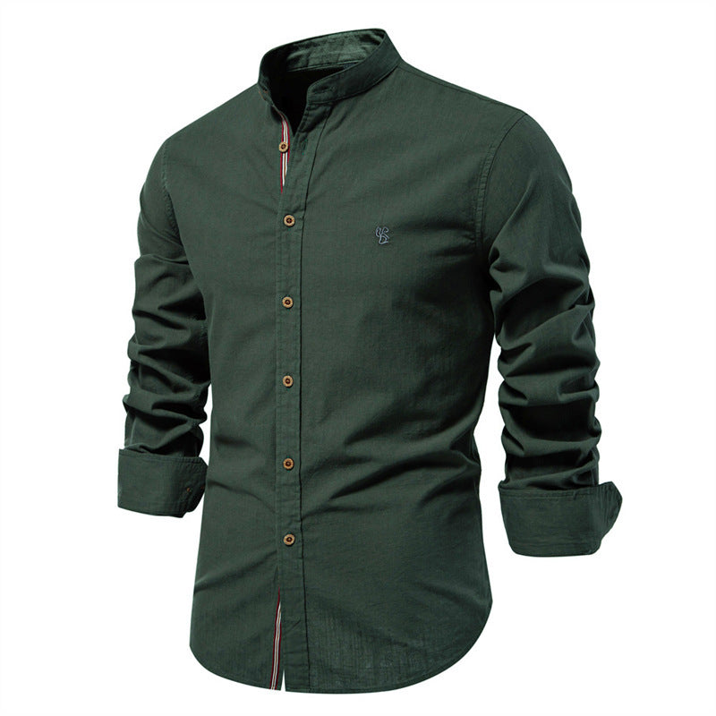 Heren Shirt Lange Mouw met Opstaande Kraag en Knoopsluiting Legergroen