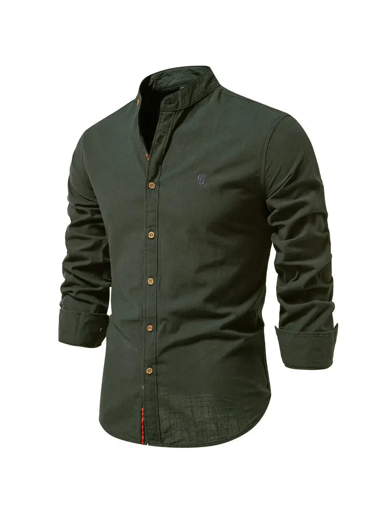 Heren Shirt Lange Mouw met Opstaande Kraag en Knoopsluiting Legergroen