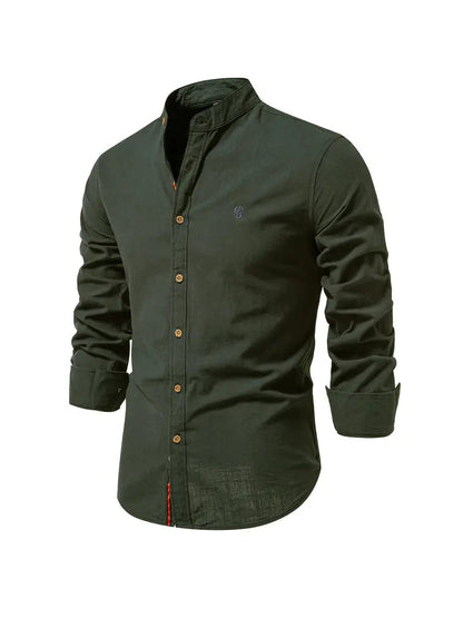 Heren Shirt Lange Mouw met Opstaande Kraag en Knoopsluiting Legergroen