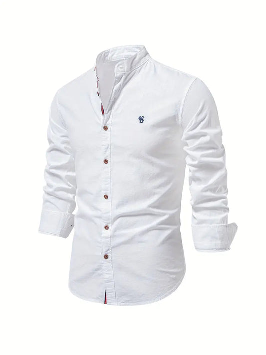Heren Shirt Lange Mouw met Opstaande Kraag en Knoopsluiting Wit