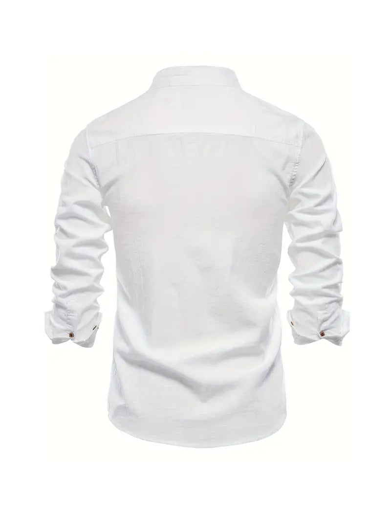 Heren Shirt Lange Mouw met Opstaande Kraag en Knoopsluiting