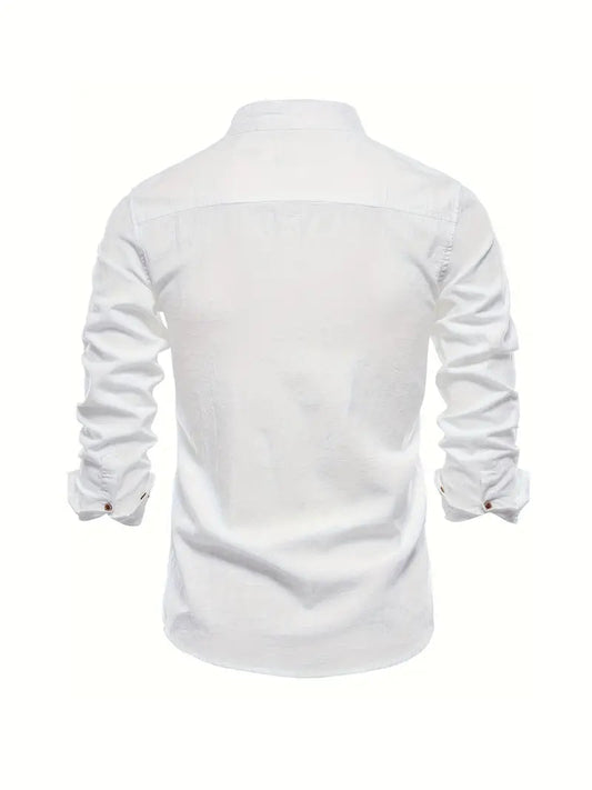 Heren Shirt Lange Mouw met Opstaande Kraag en Knoopsluiting