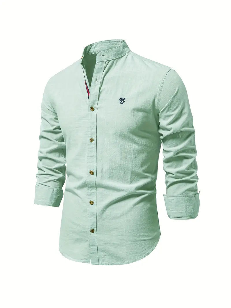 Heren Shirt Lange Mouw met Opstaande Kraag en Knoopsluiting Lichtgroen