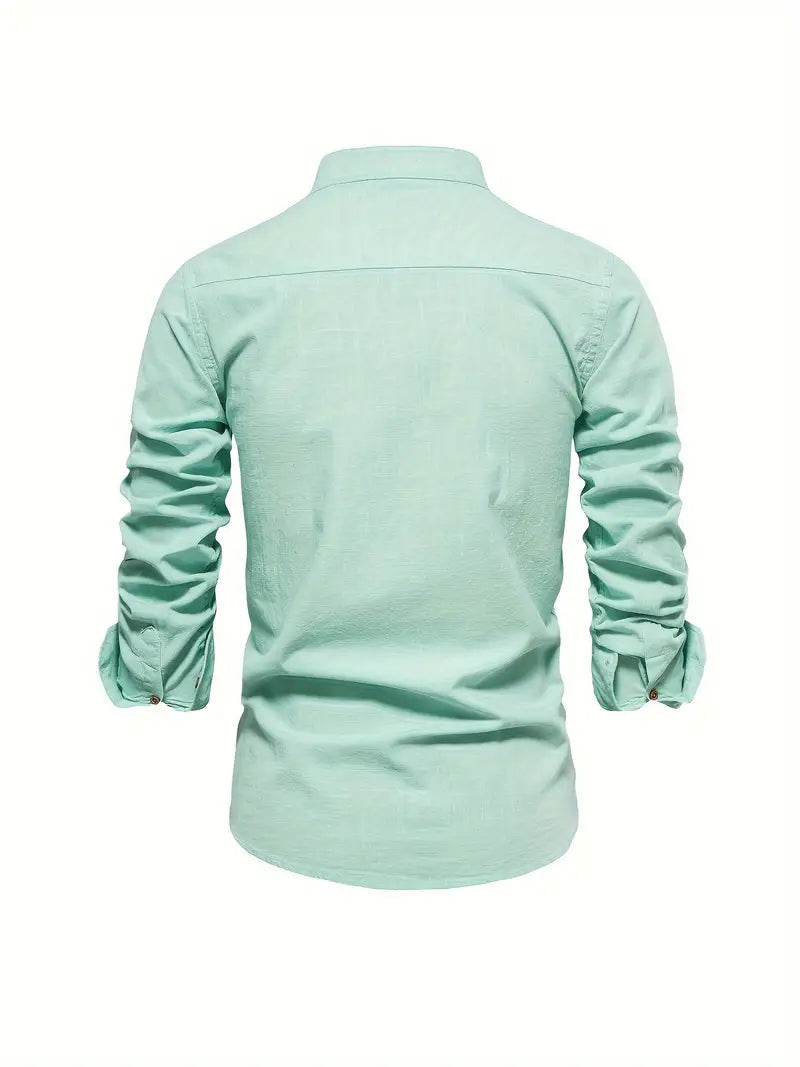Heren Shirt Lange Mouw met Opstaande Kraag en Knoopsluiting