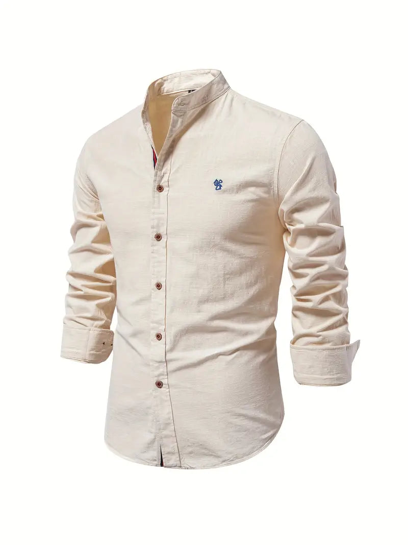 Heren Shirt Lange Mouw met Opstaande Kraag en Knoopsluiting Abrikoos