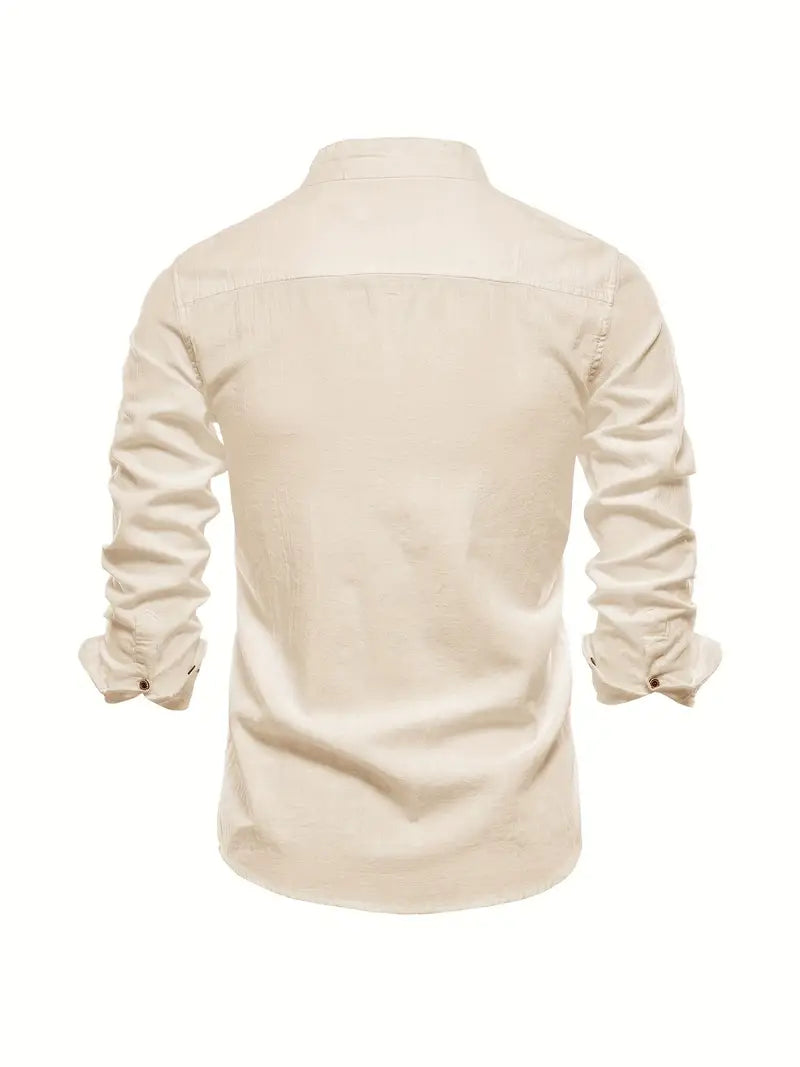 Heren Shirt Lange Mouw met Opstaande Kraag en Knoopsluiting