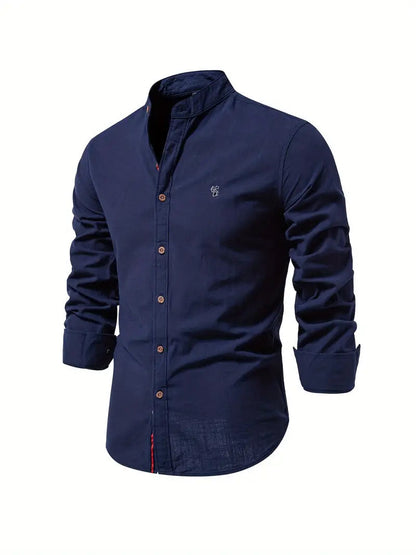 Heren Shirt Lange Mouw met Opstaande Kraag en Knoopsluiting Marineblauw