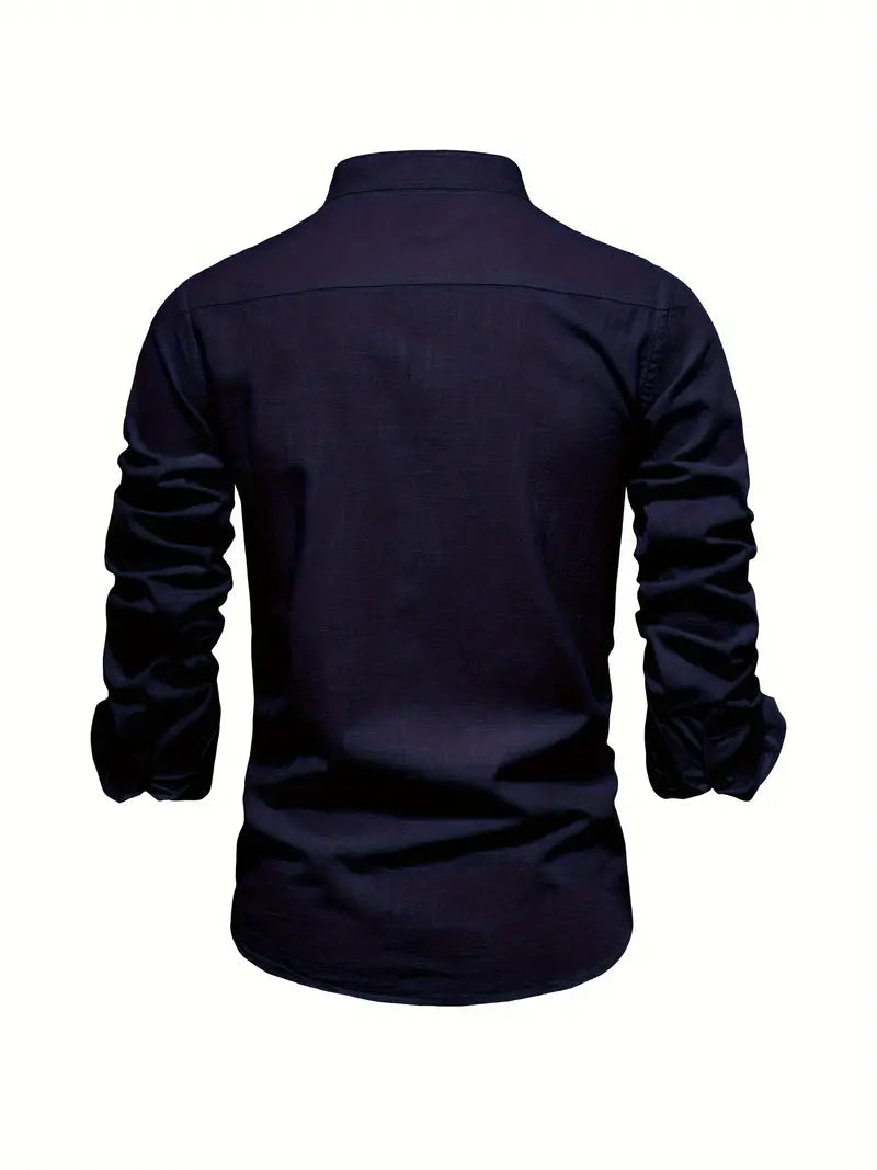 Heren Shirt Lange Mouw met Opstaande Kraag en Knoopsluiting