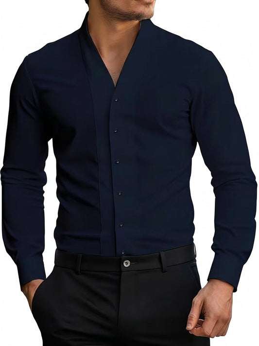 Heren Shirt Lange Mouw met V-hals en Knoopsluiting Slim Fit