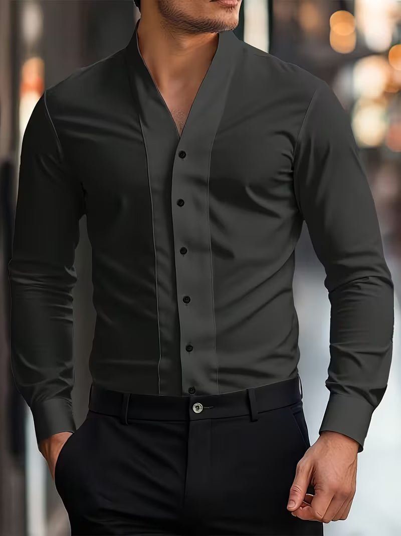 Heren Shirt Lange Mouw met V-hals en Knoopsluiting Slim Fit