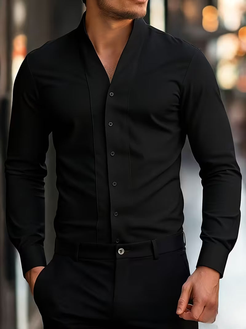 Heren Shirt Lange Mouw met V-hals en Knoopsluiting Slim Fit