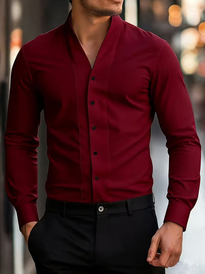Heren Shirt Lange Mouw met V-hals en Knoopsluiting Slim Fit