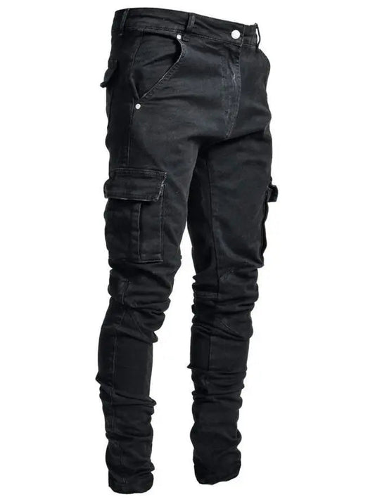 Heren Slim Fit Cargo Jeans met Gestapelde Pijpen Zwart