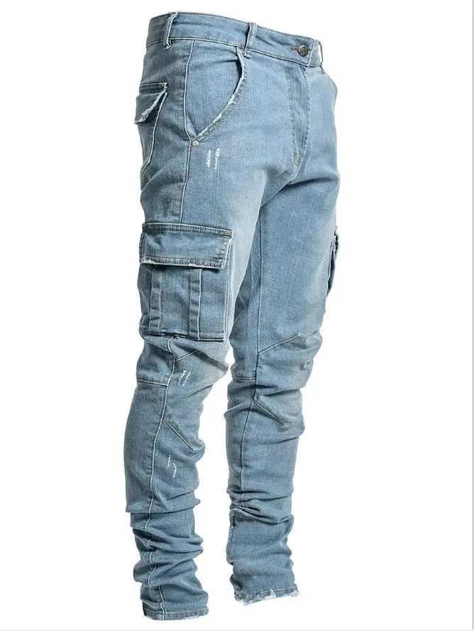 Heren Slim Fit Cargo Jeans met Gestapelde Pijpen Lichtblauw