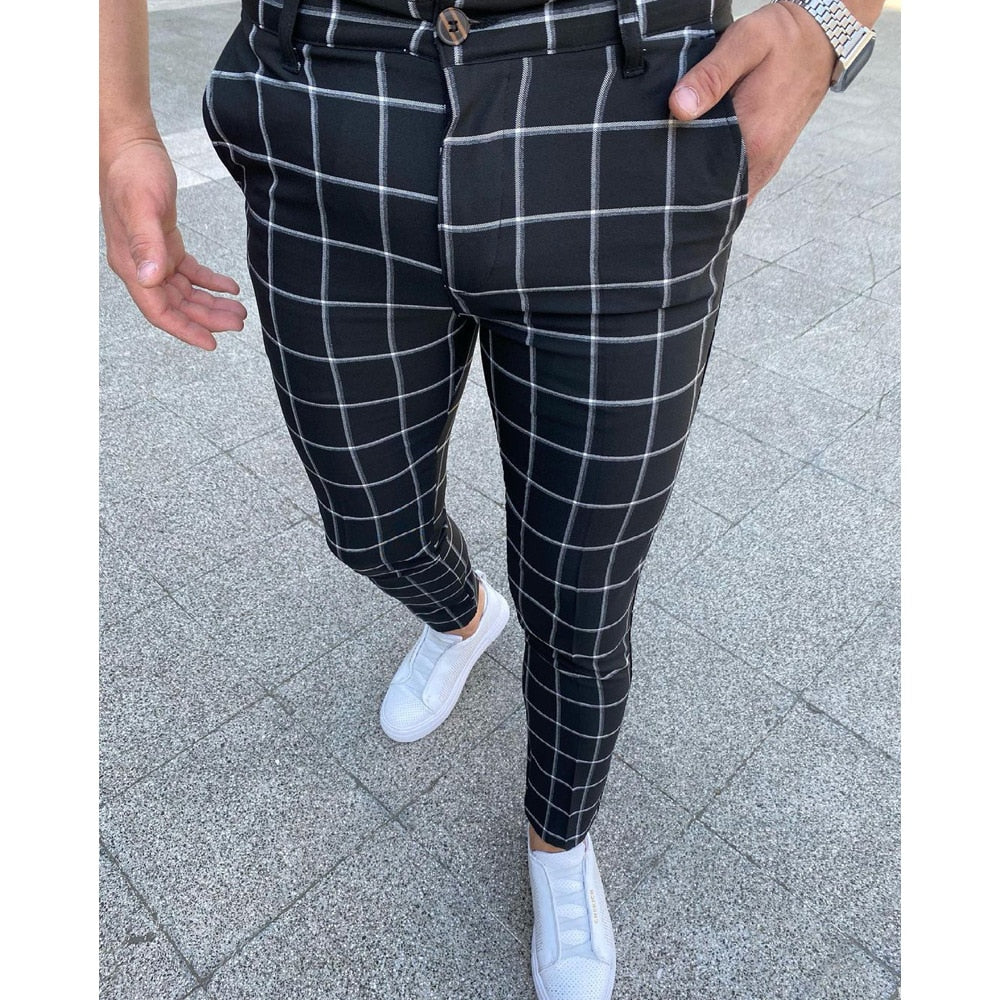 Heren Slim Fit Geruite Broek Zwart