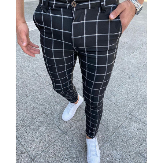 Heren Slim Fit Geruite Broek Zwart