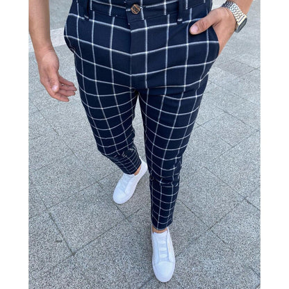 Heren Slim Fit Geruite Broek Marineblauw