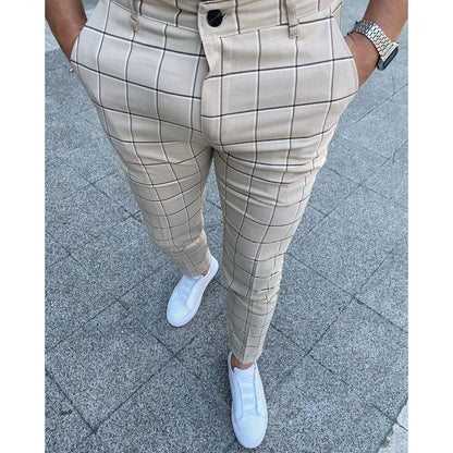 Heren Slim Fit Geruite Broek Beige
