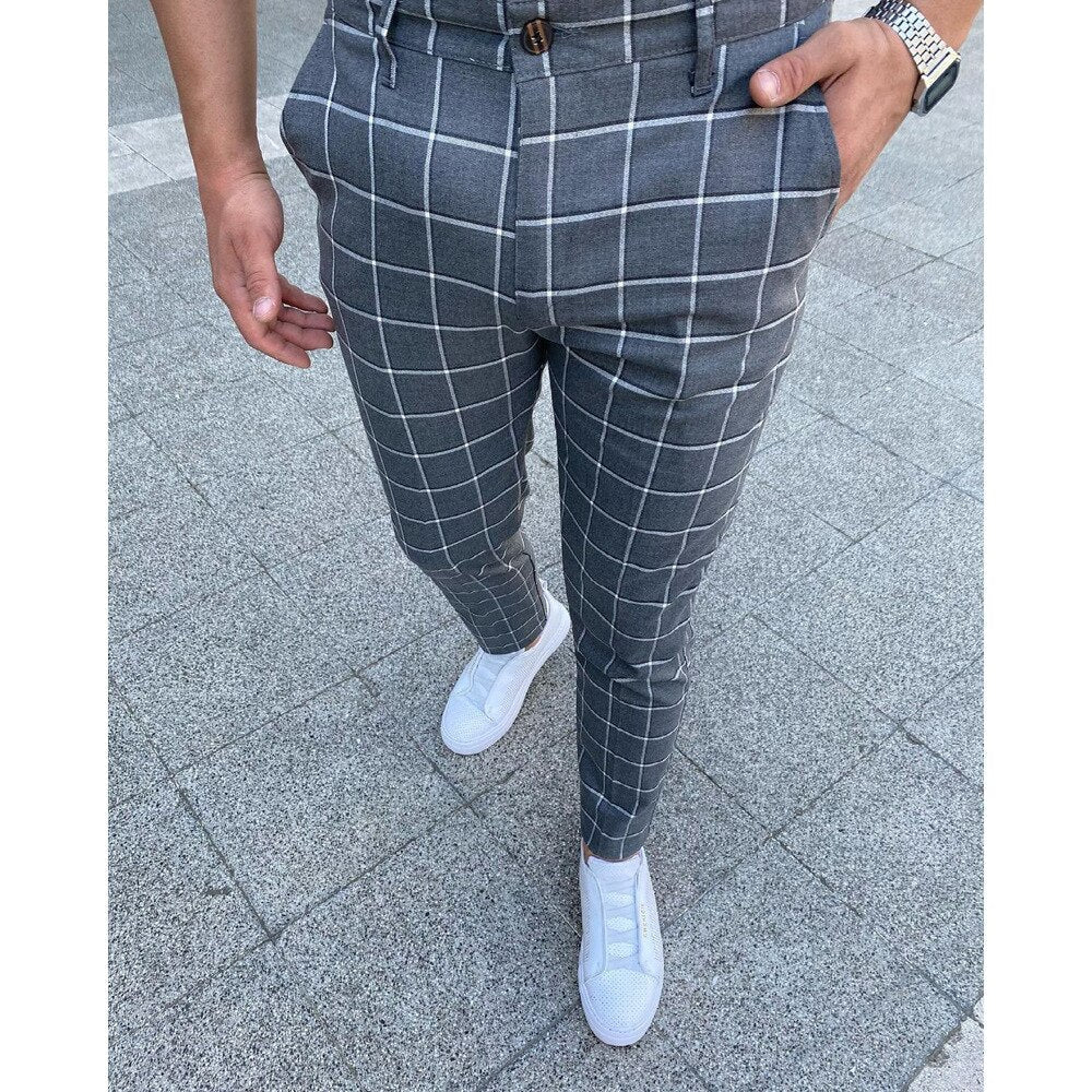 Heren Slim Fit Geruite Broek Donkergrijs