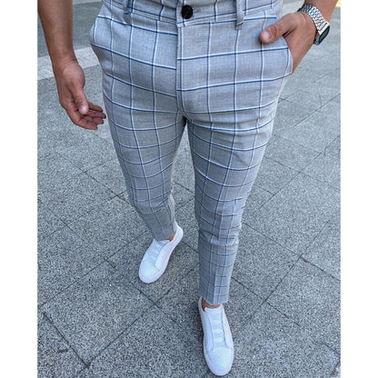 Heren Slim Fit Geruite Broek Lichtgrijs