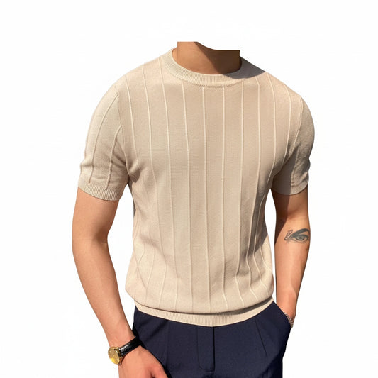 Heren Sweater Korte Mouw met Ronde Hals en Verticale Strepen Slim Fit
