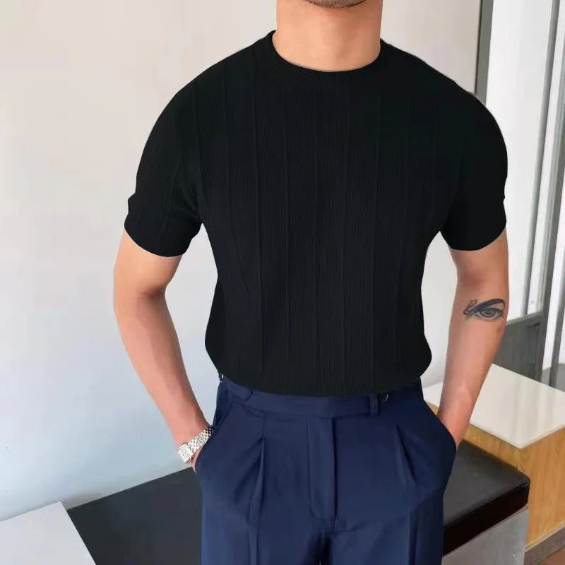 Heren Sweater Korte Mouw met Ronde Hals en Verticale Strepen Slim Fit Zwart