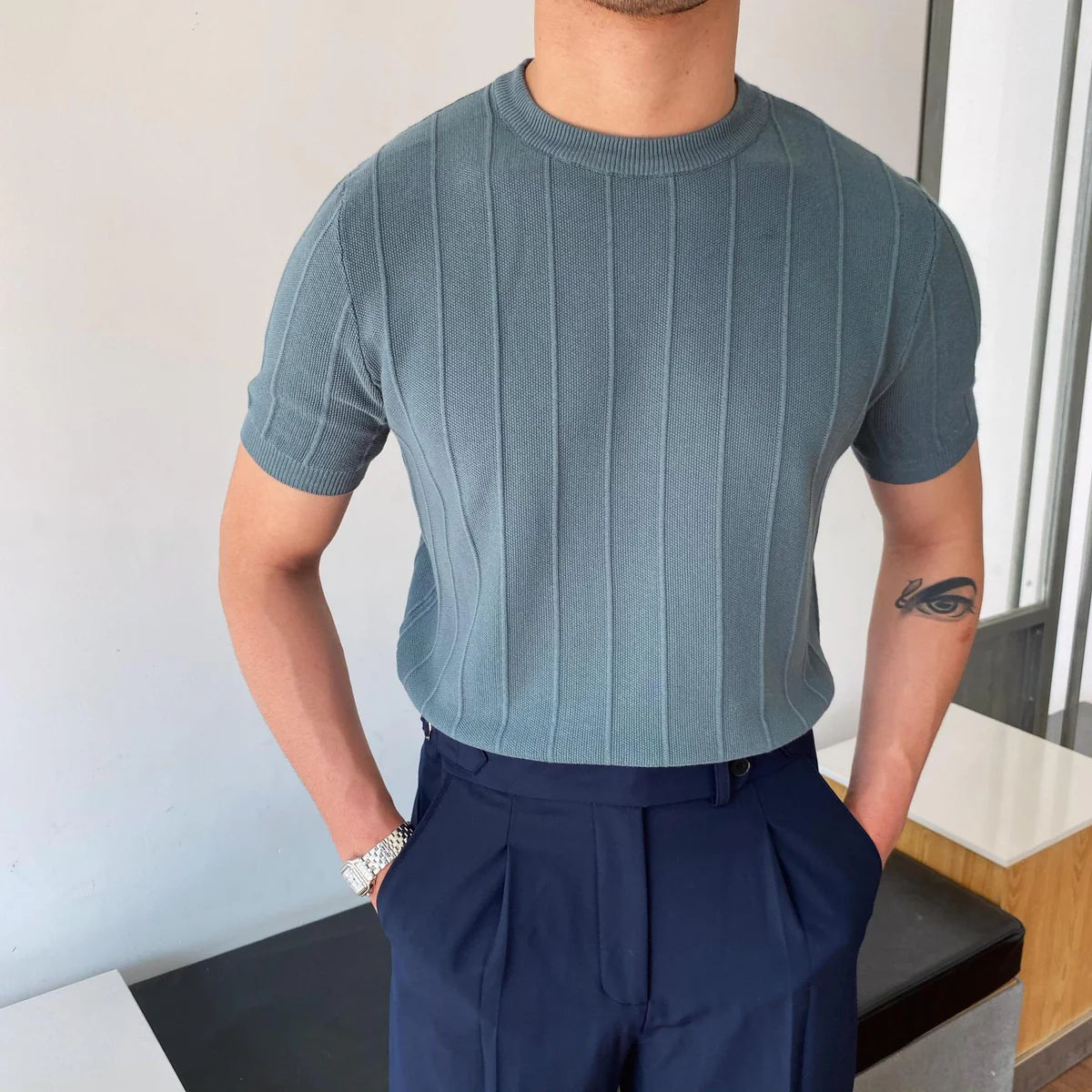 Heren Sweater Korte Mouw met Ronde Hals en Verticale Strepen Slim Fit Ijsblauw