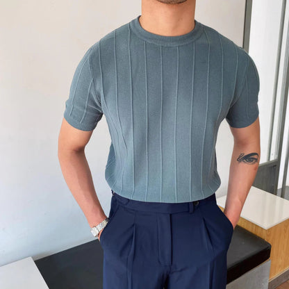 Heren Sweater Korte Mouw met Ronde Hals en Verticale Strepen Slim Fit Ijsblauw