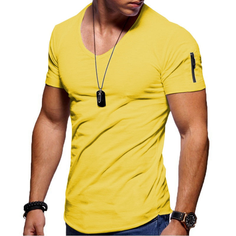 Heren T-shirt Korte Mouw met V-hals en Rits op de Mouw Slim Fit Geel