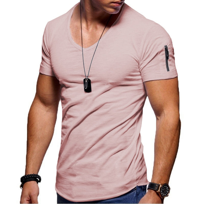 Heren T-shirt Korte Mouw met V-hals en Rits op de Mouw Slim Fit Roze